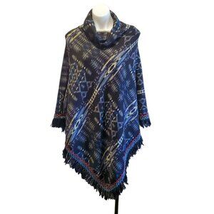 Aztec Southwestern Knit Poncho Cowl Neck Fringe Blue Black Fleece Lined L/XL
